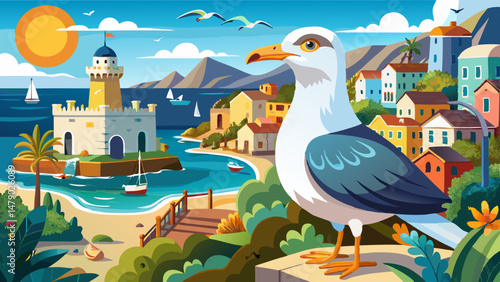 This gull, native to the Mediterranean region, captures the essence of coastal wildlife and maritime tranquility. Perfect for ecological, travel, and seaside-themed vector projects that celebrate natu