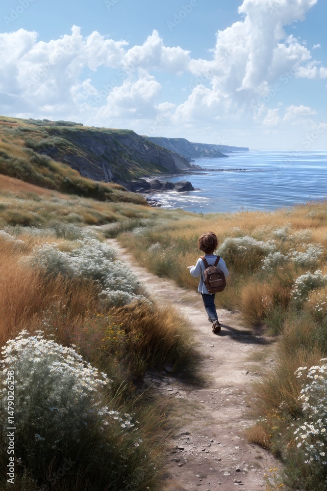 Obraz premium A child embarks on a coastal path journey, backpack in tow, through golden grasses and blooming wildflowers. Adventure awaits!