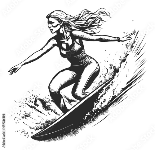 Detailed Vector Illustration of a Woman Surfing on a Wave