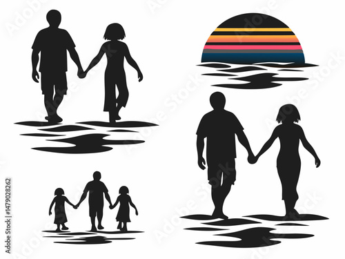 Beach Sunset Family Silhouettes Set Romantic Couple Ocean Walking Love Vacation Black Vector Collection Generative ai