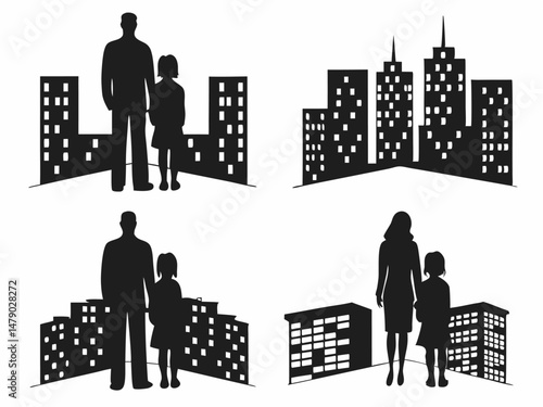 Parent Child Cityscape Silhouettes Set Urban Family City Buildings Skyline Black Vector Collection Generative ai