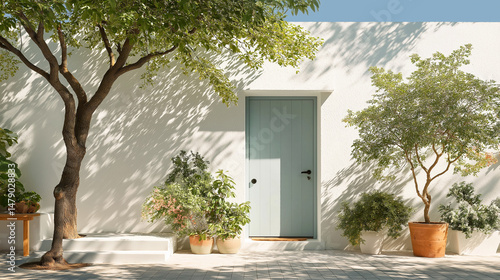 Elegant modern house entrance with potted plants, showcasing minimalist design and natural harmony.