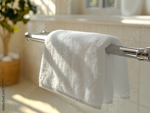 Eleganter Handtuchhalter mit frischem weißen Handtuch im Sonnenlicht