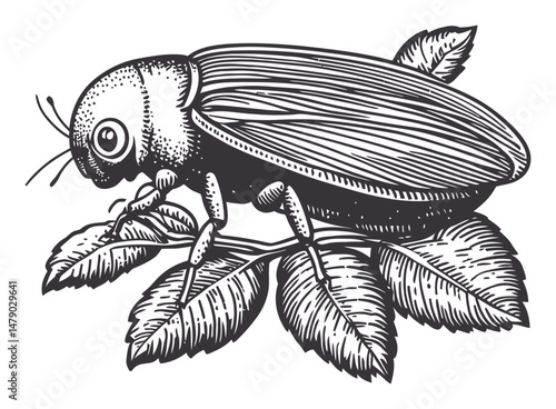 Detailed Vintage Illustration of a Beetle on Leafy Branch
