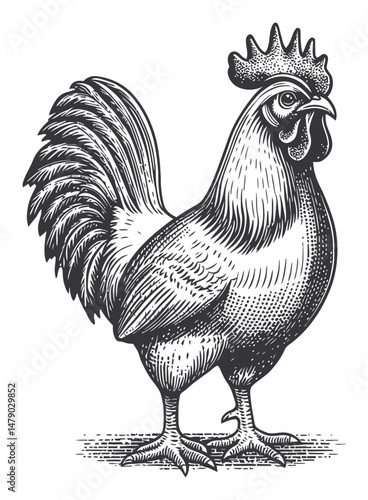Detailed Vintage Vector Illustration of a Proud Rooster in Classic Style