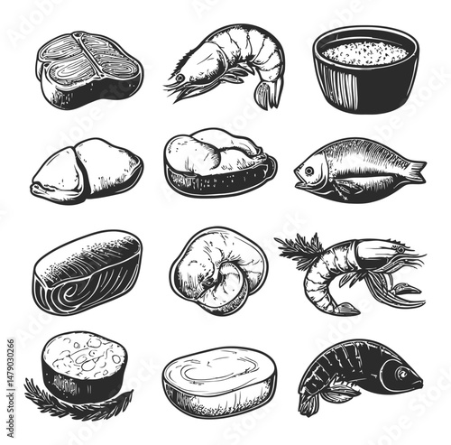 Black and White Vector Illustration of Various Seafood and Meat Products
