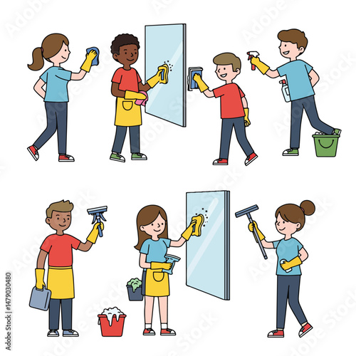 People cleaning windows and surfaces at home