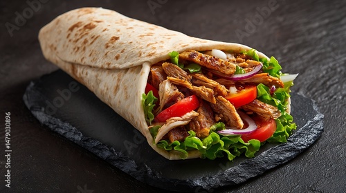 Juicy Shawarma Roll Wrapped in Pita with Crisp Vegetables