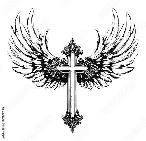 Ornate Wings with Cross Illustration for Religious and Artistic Use