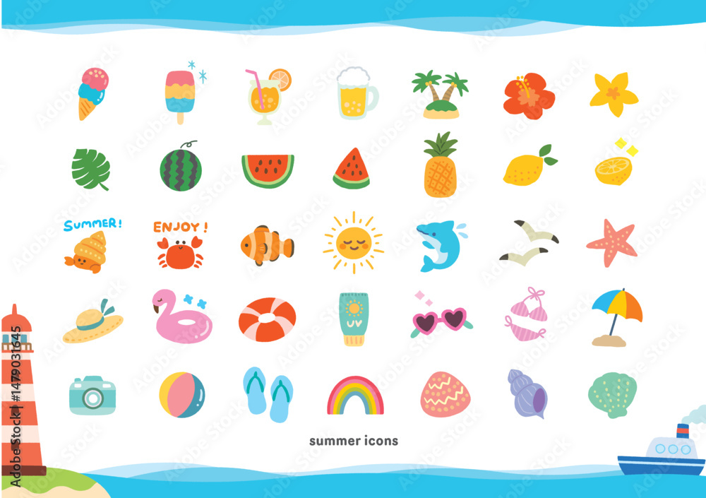 Fototapeta premium Summer vacation icon set with beach, food, animals and tropical items in cute hand-drawn style