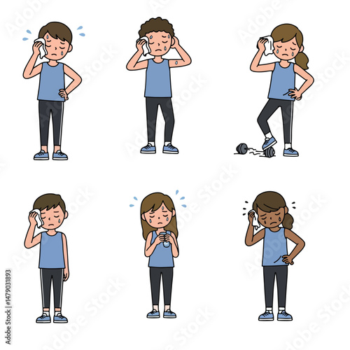 Tired exhausted people wiping sweat after exercise