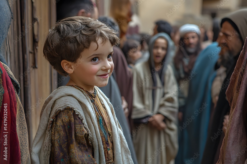 Naklejka premium Christianity. The boy Jesus teaches in the temple, astonishing the teachers with His wisdom. (Luke 2:41-52)