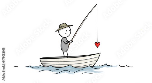 A stick figure with a white noggin and grey body stands in a small white rowboat