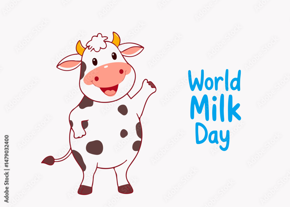 Illustration of a cow with milk carton, glass, dairy bowl, and text highlighting World Milk Day. Illustration of a cow with milk carton, glass, dairy bowl, and text highlighting World Milk Day.