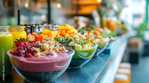 Wallpaper Mural Delightful display of colorful smoothie bowls, topped with fresh fruits, granola, and chia seeds.  Accompanied by refreshing juices. Torontodigital.ca