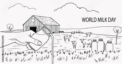 Illustration of a cow with milk carton, glass, dairy bowl, and text highlighting World Milk Day.