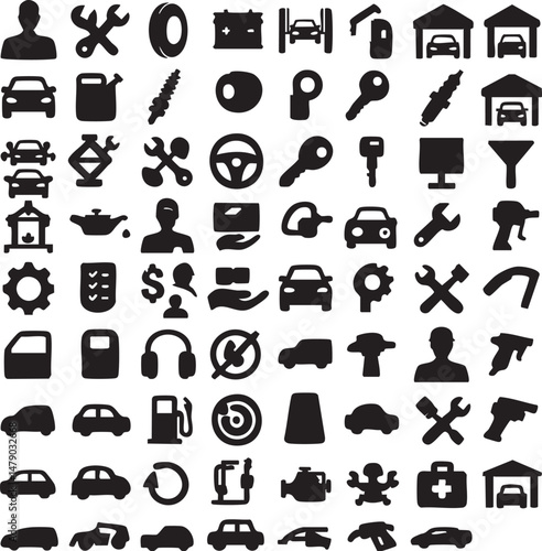 Car garage 100 isolated icons silhouettes set on white background