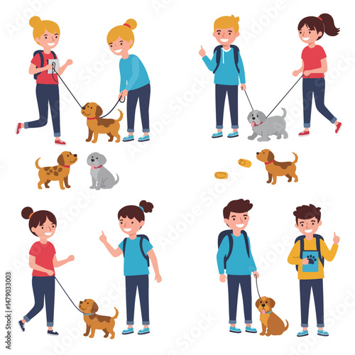 People walking dogs flat style scene