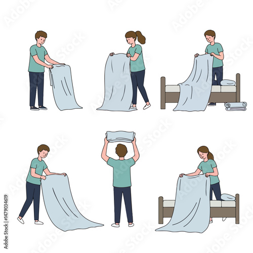Making bed with sheet, pillow and towel