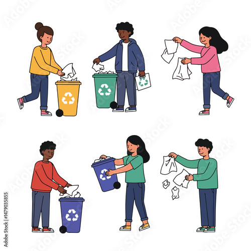 People recycling paper in different bins