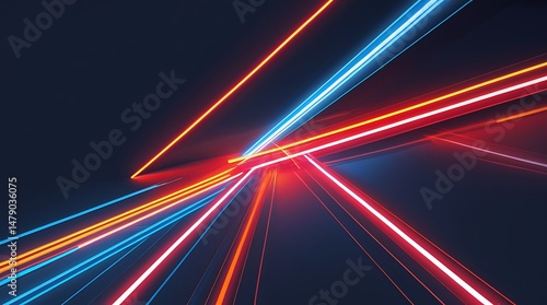 Dynamic burst of vibrant multicolor light beams radiating from a central point against a dark background, representing speed, energy, and futuristic technology

