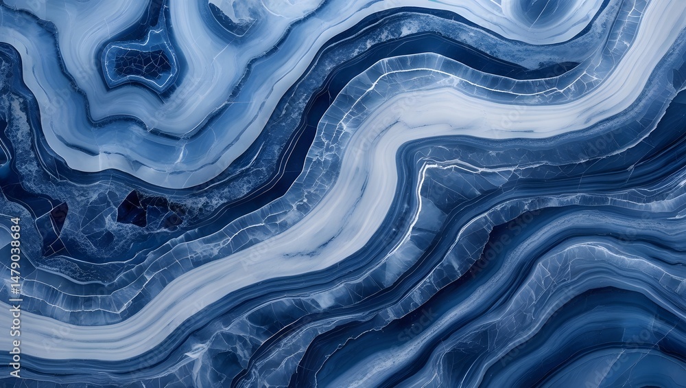 Fototapeta premium Abstract background of blue and white marble texture with wavy flowing layers for a modern look