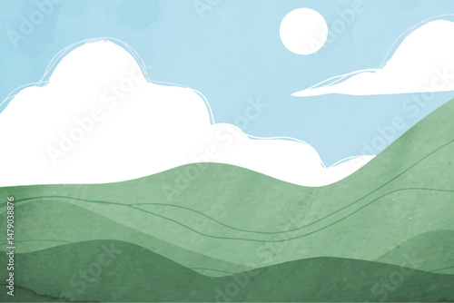 Watercolor minimalist style green hills with paper texture