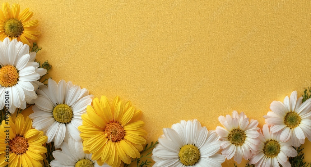 Obraz premium Colorful daisy blossoms arranged on a mustard yellow backdrop.