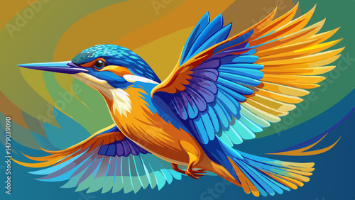 The Common Kingfisher (Alcedo atthis) soars through the air with vibrant wings outstretched, its feathers shimmering in brilliant shades of blue and orange. Captured mid-flight, it brings motion and e