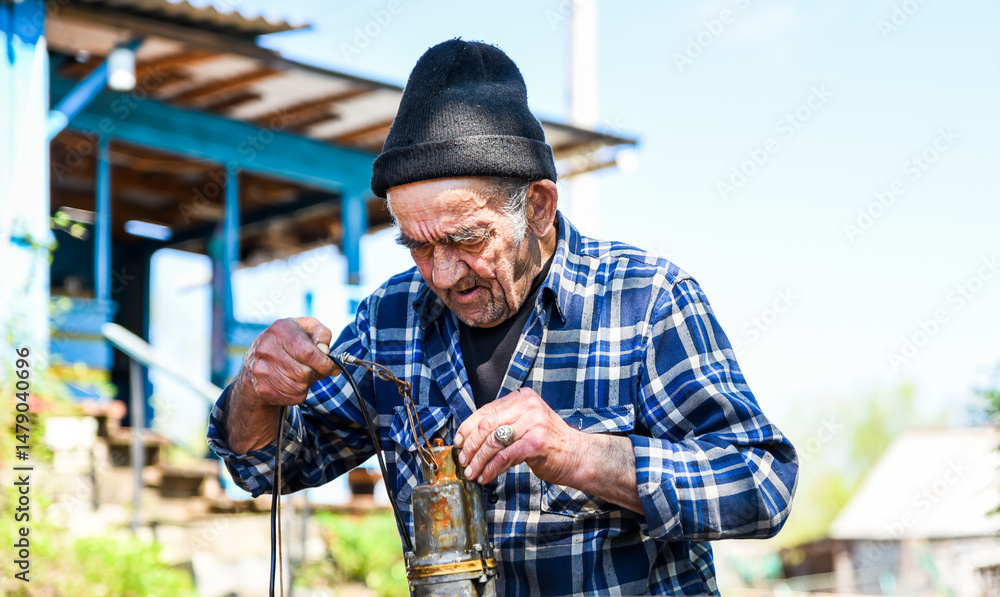 Elderly Russian man in a rural village holding a drainage pump with both hands, checking equipment under the open sky—simple village routine in retirement Elderly Russian man in a rural village holding a drainage pump with both hands, checking equipment under the open sky—simple village routine in retirement