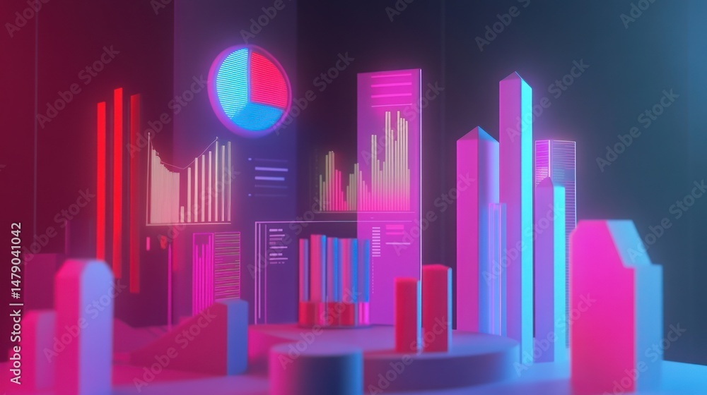 Obraz premium Abstract neon cityscape with data visualizations