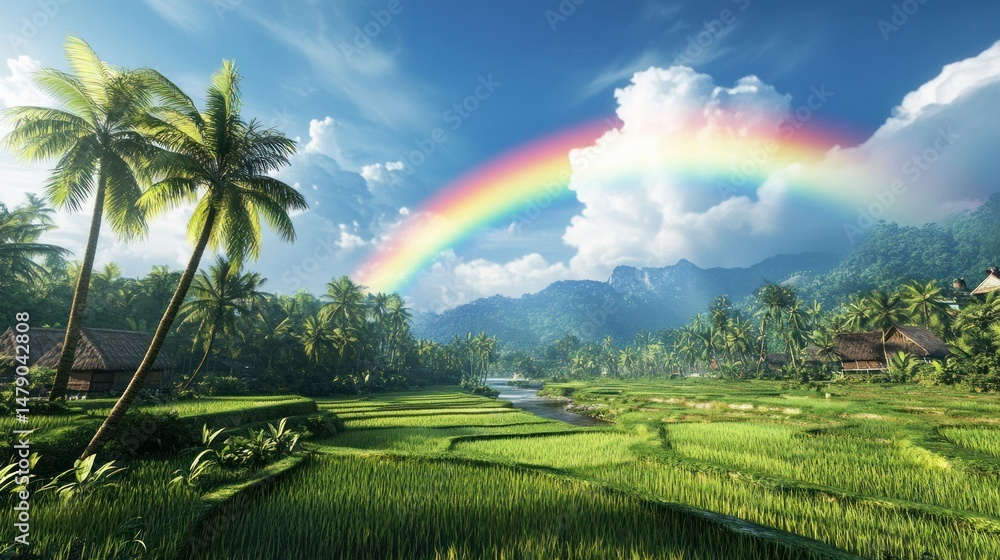Obraz premium A rainbow stretches across the sky above the expanse of green rice fields and coconut trees.