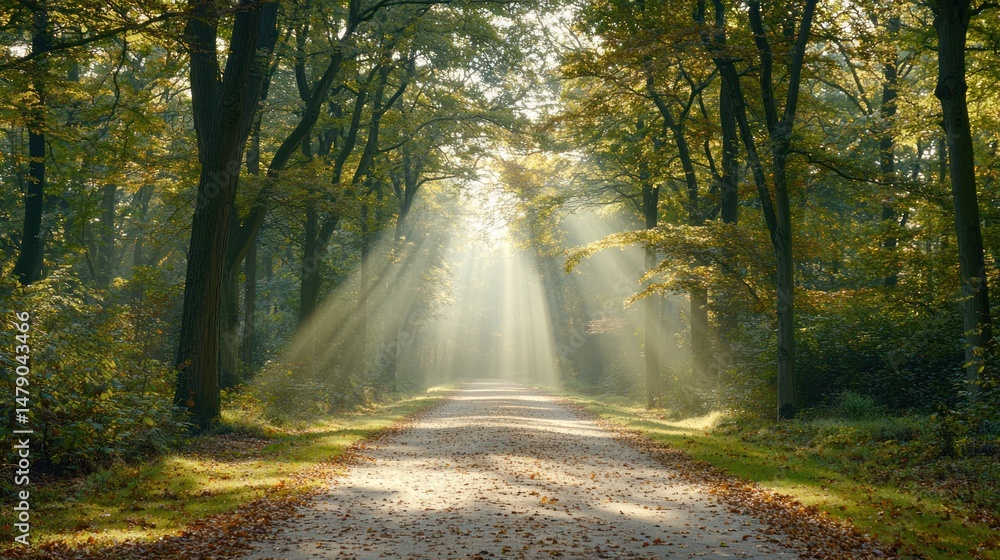 Obraz premium Sunlight streams through autumnal forest pathway.