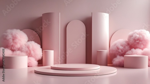 Stylized pink podium with circular shapes and fluffy decorative clouds in a pastel-themed studio scene, ideal for cosmetics display, branding, feminine design, or dreamy advertising

