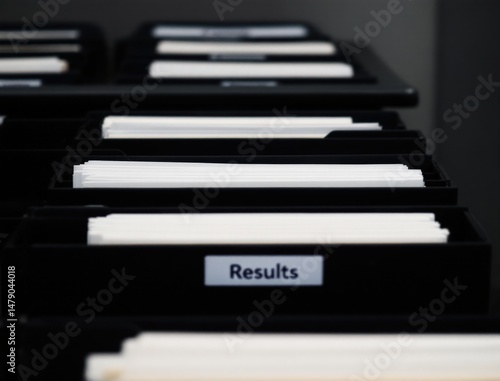 Wallpaper Mural Rows of organized file folders in a drawer labeled "Results," suggesting systematic document storage or record keeping. Torontodigital.ca