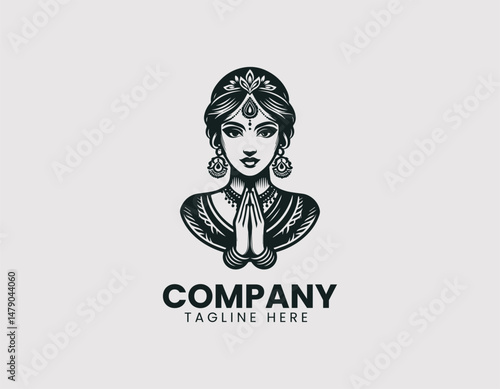 Elegant Indian Woman Traditional Jewelry Folded Hands Vector Logo Design,  Graceful Indian Lady Traditional Jewellery Folded Hands Vector Logo, Beautiful Indian Woman Traditional Ornaments Folded Hand