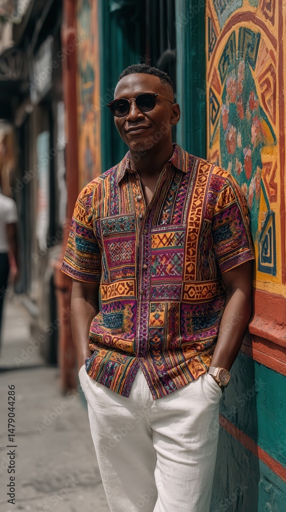 Fototapeta premium Confident Black man wearing colorful patterned shirt in urban setting