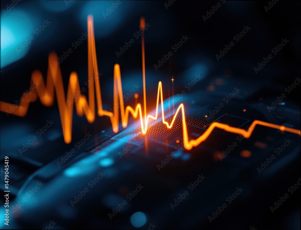 Fototapeta premium A glowing orange waveform appears on an electronic screen, resembling a heartbeat or soundwave, set against a dark, technological background.