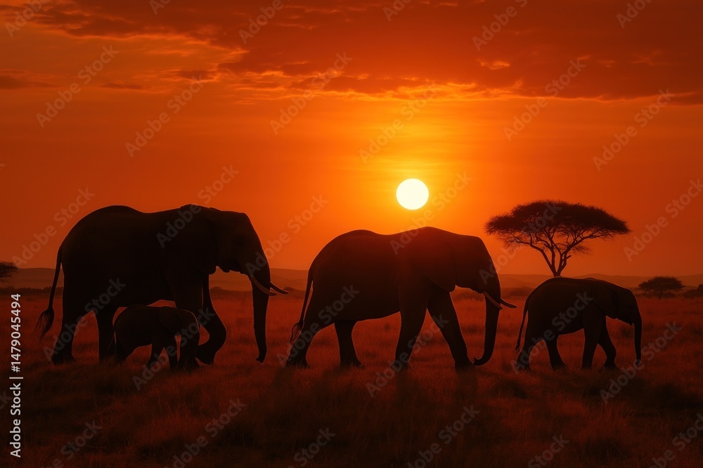 Fototapeta premium Elephants silhouetted against sunset.