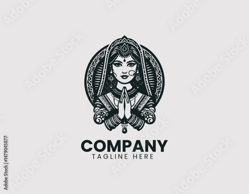 Elegant Indian Woman Traditional Jewelry Folded Hands Vector Logo Design,  Graceful Indian Lady Traditional Jewellery Folded Hands Vector Logo, Beautiful Indian Woman Traditional Ornaments Folded Hand