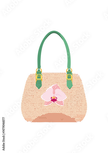 Women's handbag, pink, with strap, knitted with wool, square handle, orchid pattern. bag with a wrist strap, the wristlet offers a hands-free alternative to a clutch for more casual occasions. 