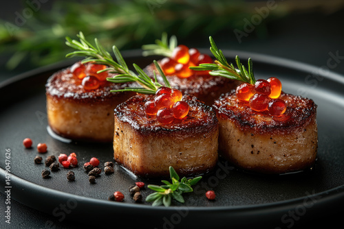 A Close Up of Dark Brown Canapé on a Black Plate with Moody Luxury Appeal