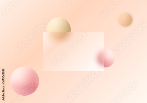 Vector abstract background in glassmorphism style with frosted translucent panel and pastel 3D spheres on soft peach gradient