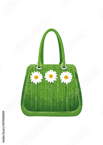 Women's handbag, green, with handle, knitted with wool, square handle, with small daisies on the bag.enduring allure of an accessory that holds so much more than just our keys and wallets. Let's embar