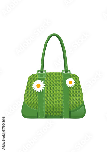 Women's handbag, green, with handle, knitted with wool, square handle, with small daisies on the bag.enduring allure of an accessory that holds so much more than just our keys and wallets. Let's embar
