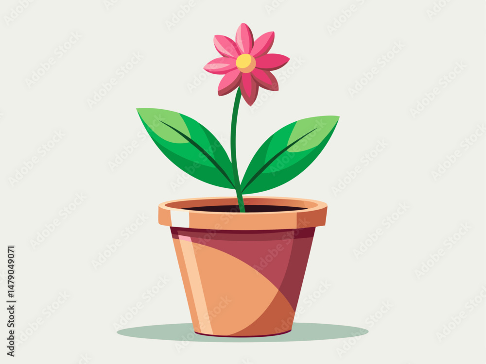 A minimalist flower pot with a single blooming flower in the center. White background, elegant flat design A minimalist flower pot with a single blooming flower in the center. White background, elegant flat design