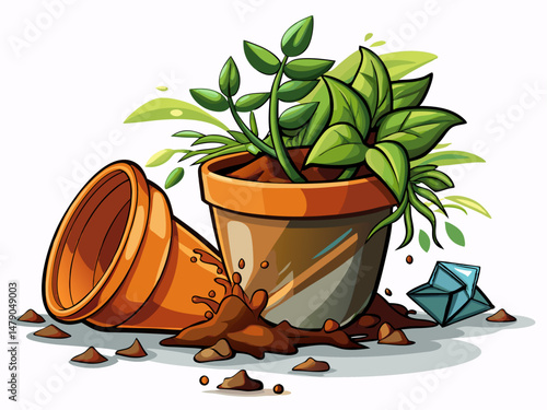 A broken flower pot with soil and plant spilling out. White background, flat concept of accident or gardening failure