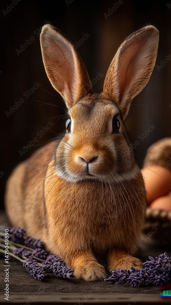 Fototapeta premium Curious brown rabbit posing near lavender sprigs in dark setting