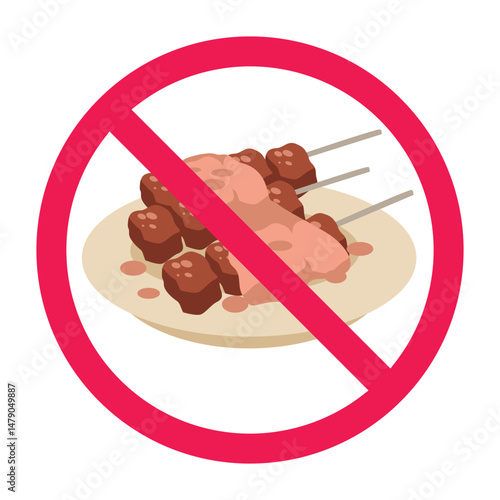 Forbidden sign with beef satay skewers food icon, no satay or sate allowed sign, do not eat satay symbol