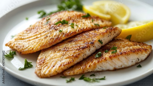 Pan-seared tilapia fillet on a minimalist white plate